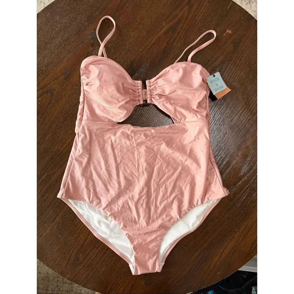 NWT Shade & Shore Women's Cut Out One-Piece Swimsuit Shiny Pink Size XL